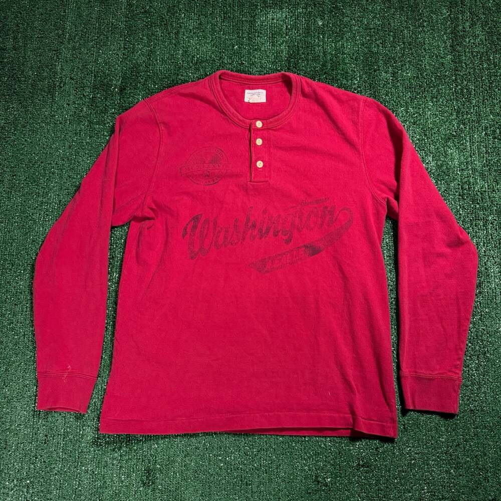 Y2K Mens American Eagle Outfitters Red Long Sleeve Henley Shirt Graphic Medium